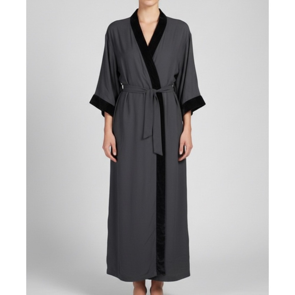 VTG VAL MODE LINGERIE Black CREPE CHIFFON Velvet Trim TIE BELT Lounge ROBE Sz S
